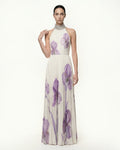 Jeweled-neck Halter Pleated Iris Print Maxi Dress - White/Purple