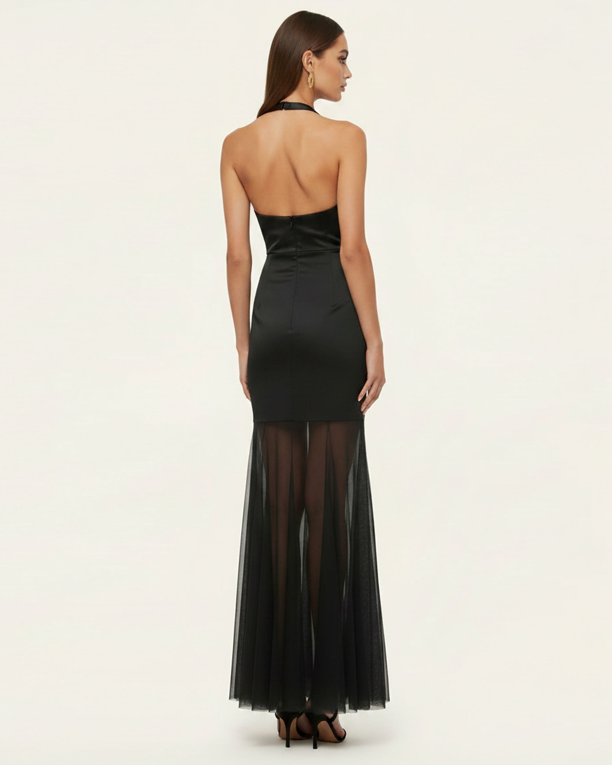 Orchid Embroidered Sheer Hem Halter Maxi Dress-  Black Purple