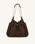 Rowan Faux Suede Quilted Chain Bucket Bag - Dark Brown