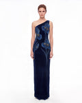 Iris Embroidered Velvet One Shoulder Maxi Dress - Navy Blue
