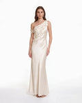 Floral Appliqué One Shoulder Sheath Maxi Dress - Ivory