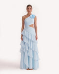 One Shoulder Cutout Ruffle Chiffon Maxi Dress - Blue