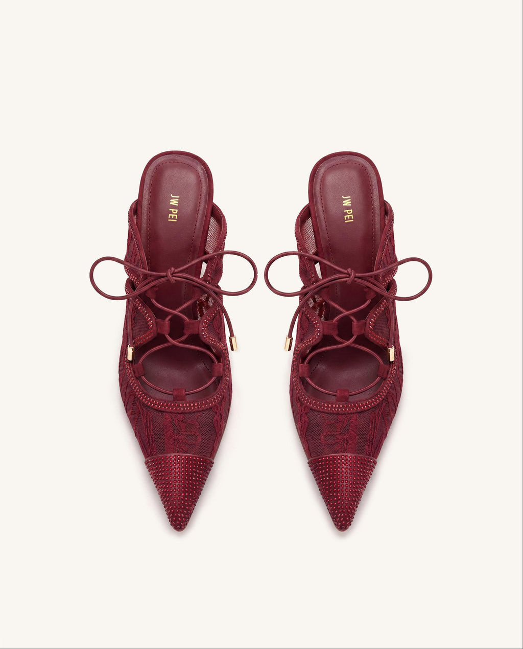 Sofia Lace Bow Mule Heels - Burgundy