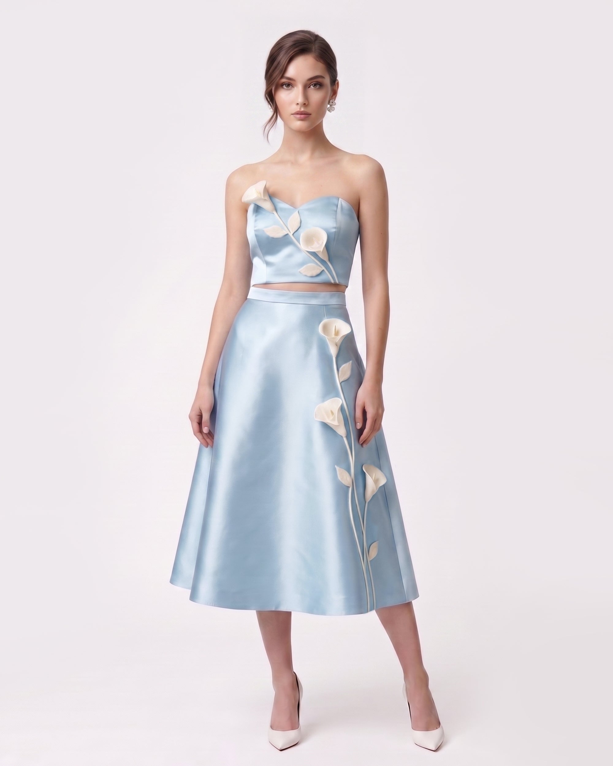 Floral Appliqué Satin Crop Top - Light Blue