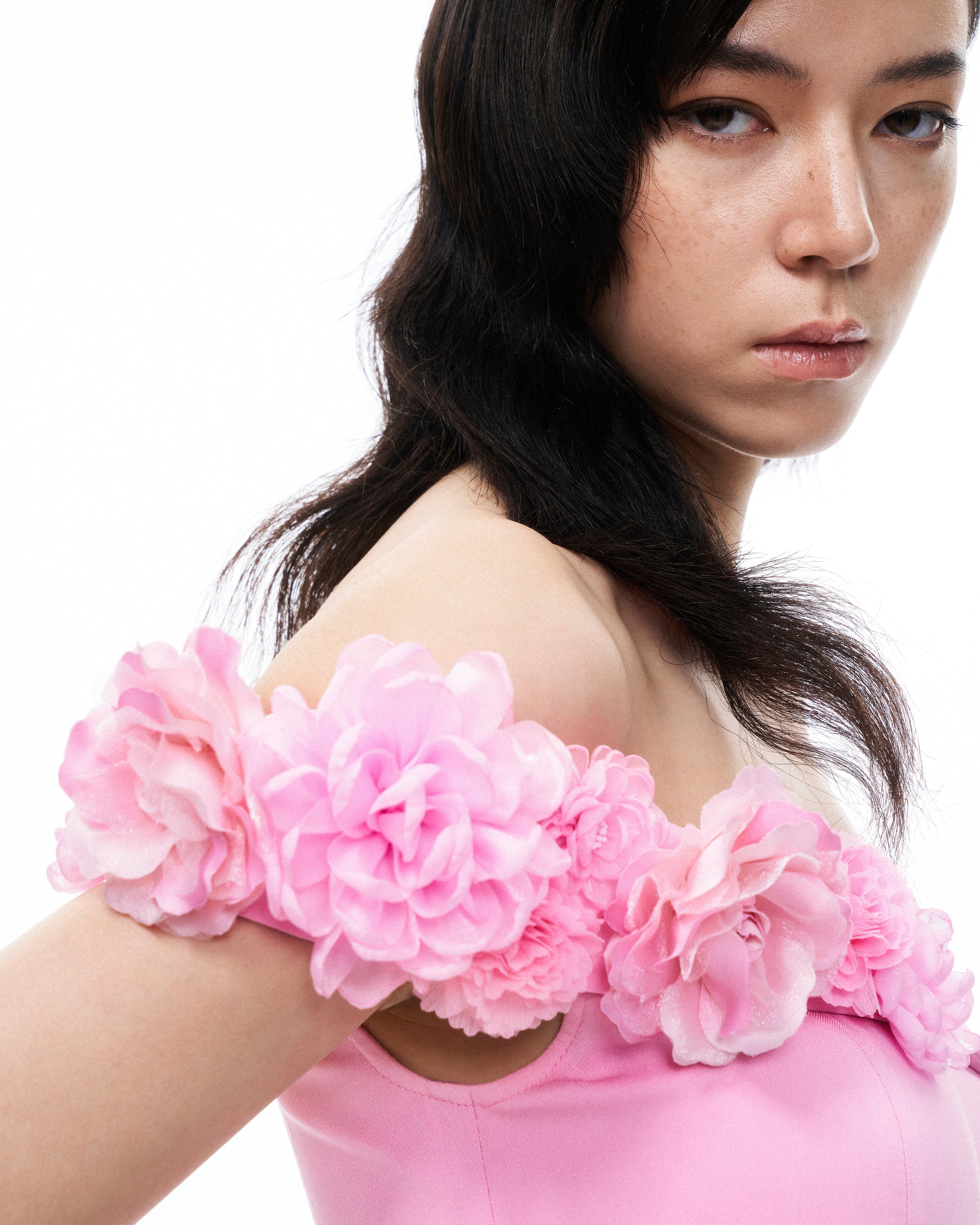 Aurelius Wrap-Around Shoulder 3D Floral Mini Dress - Pink