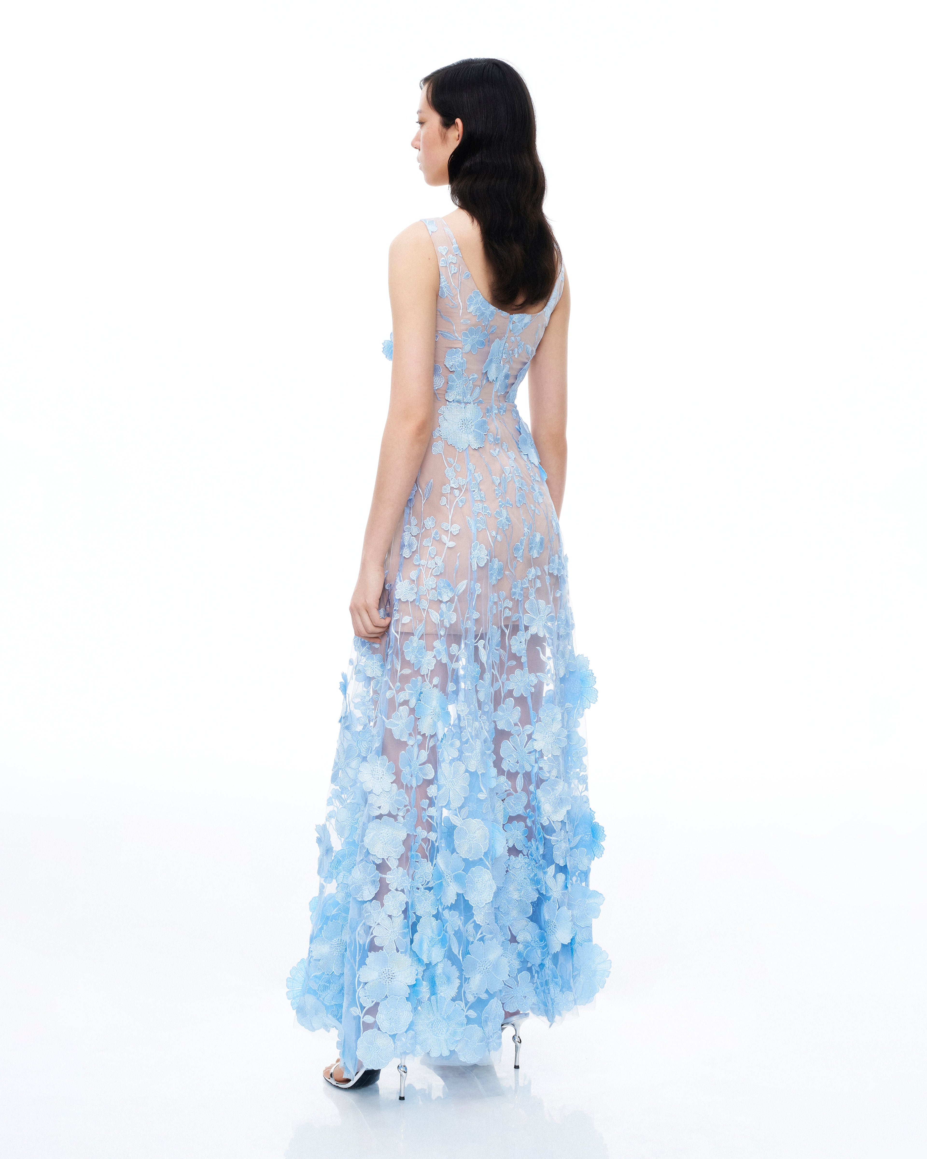 Clementine 3D Floral Embroidered Dress - Blue