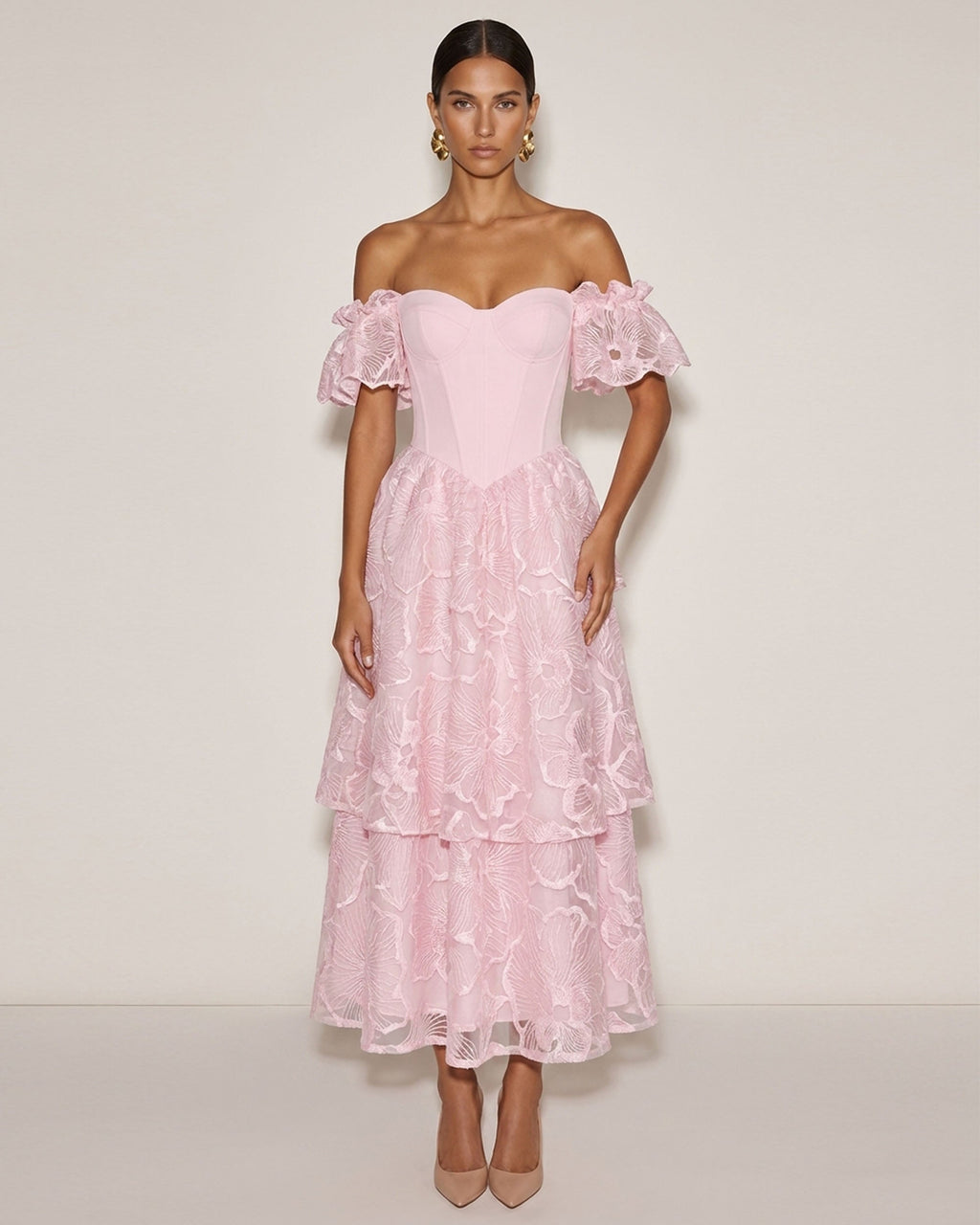 Orchid Embroidered Corset Midi Dress - Blush Pink