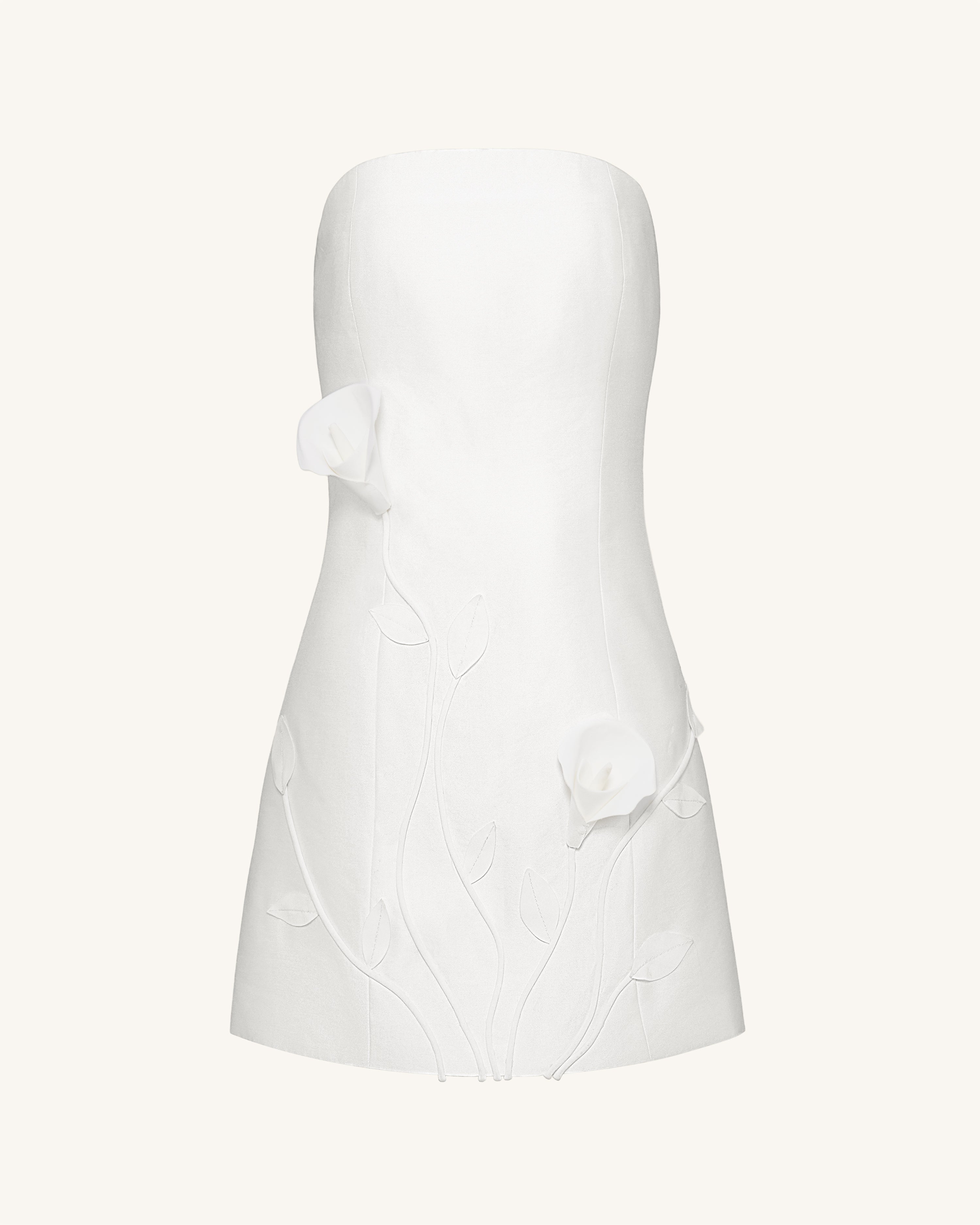 3D Vine Floral Strapless Mini Dress - White