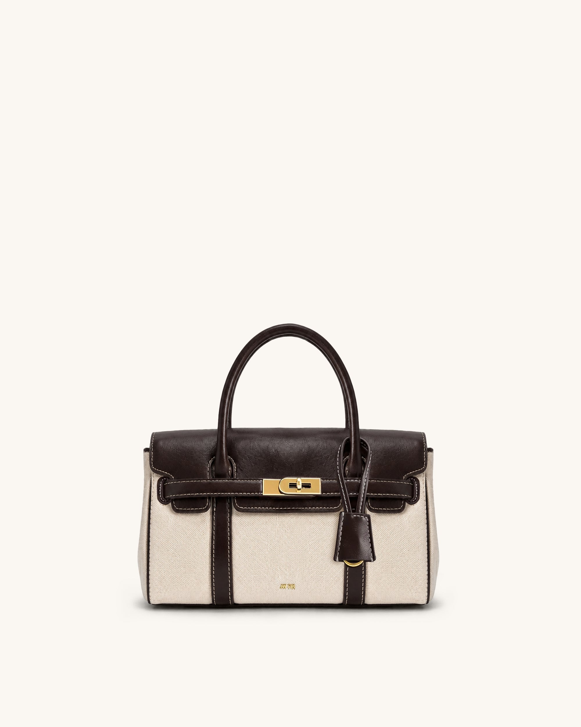 Yara Canvas Trimmed Top Handle Crossbody Bag - Ivory & Dark Brown